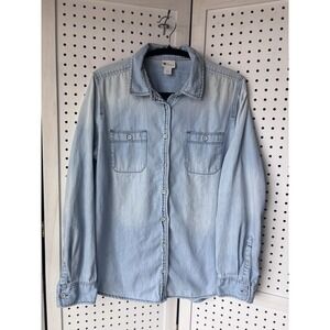 Stylus Women's Lg Light Wash Denim Chambray Cotton Shirt Long SLV Pocket